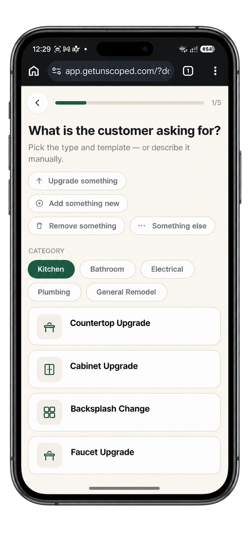 Unscoped's guided change-request flow on a phone