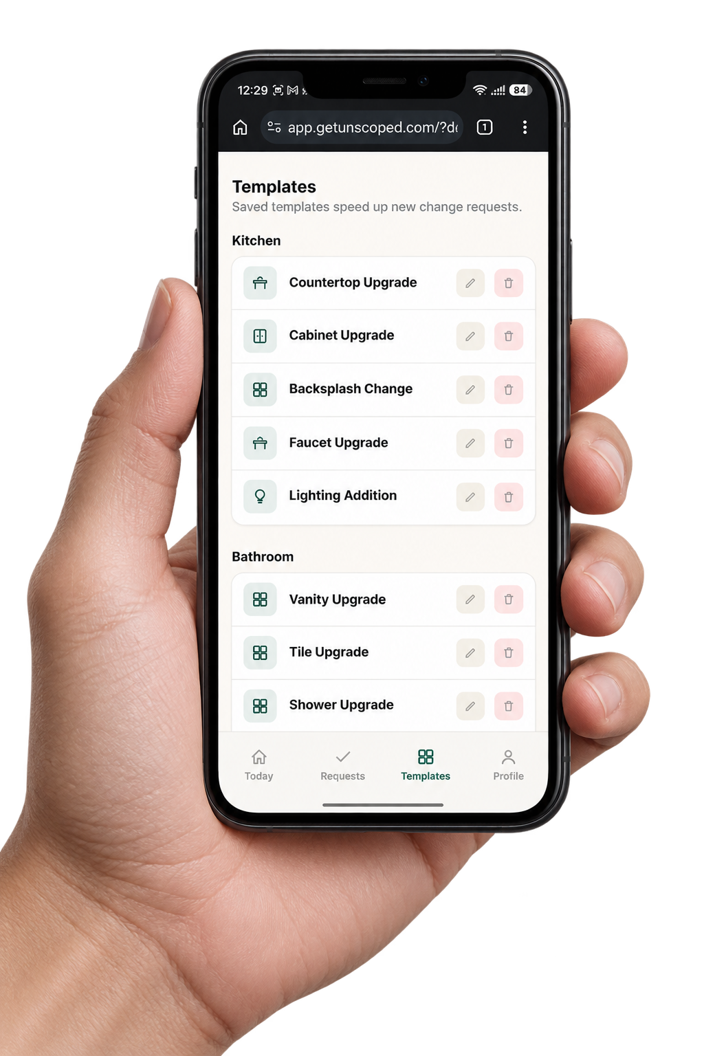 Unscoped's templates screen, held in hand on a phone
