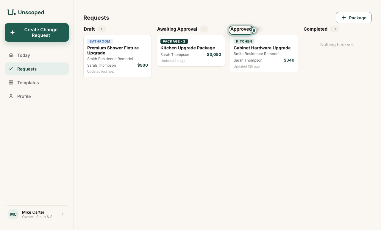 Change request status tracker in Unscoped